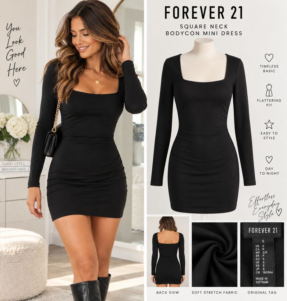 Forever 21 Womens Black Square Neck Bodycon Mini Dress Long Sleeve Small NWT